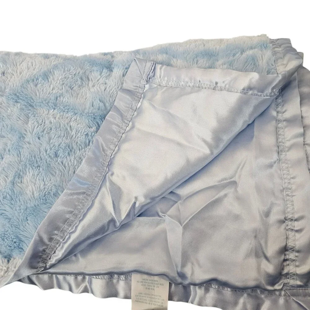 Small Wonders Baby‎ Blanket Light Blue Satin Trim Back Swirl Plush Soft